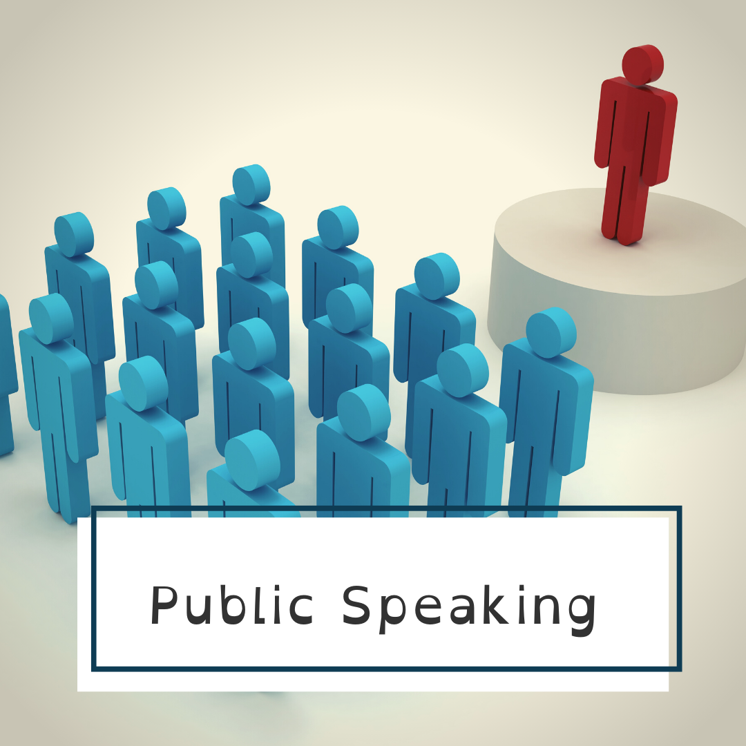A red humanoid figure standing on a round raised platform in front of blue humanoid figures with an overlay that says "Public Speaking""